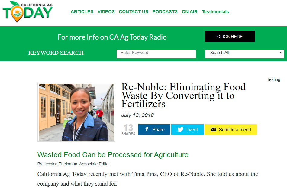 California Ag Today Feature: Re-Nuble: Eliminating Food Waste By Converting It To Fertilizers